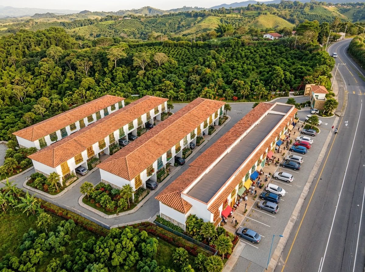 Vista aérea del conjunto con la franja de locales comerciales sobre la vía