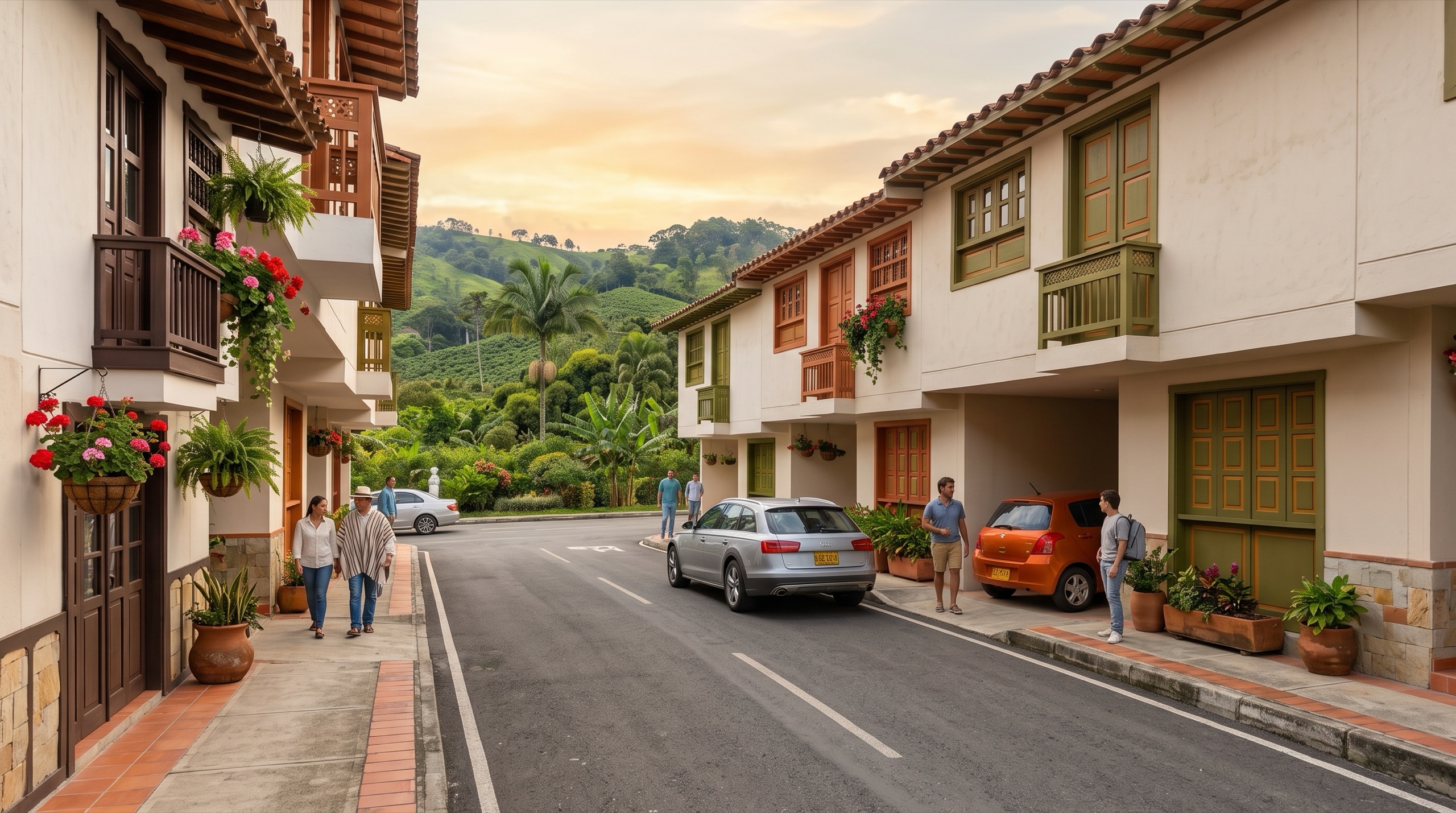 Calle interior del conjunto con casas tradicionales y cafetales al fondo