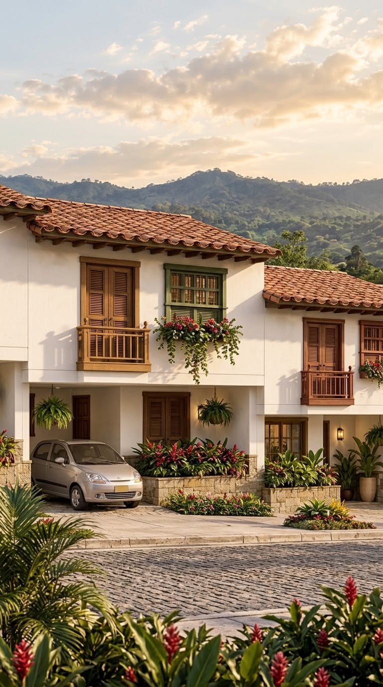 Fachada de casa tradicional con tejas de barro, balcones de madera y montañas al fondo