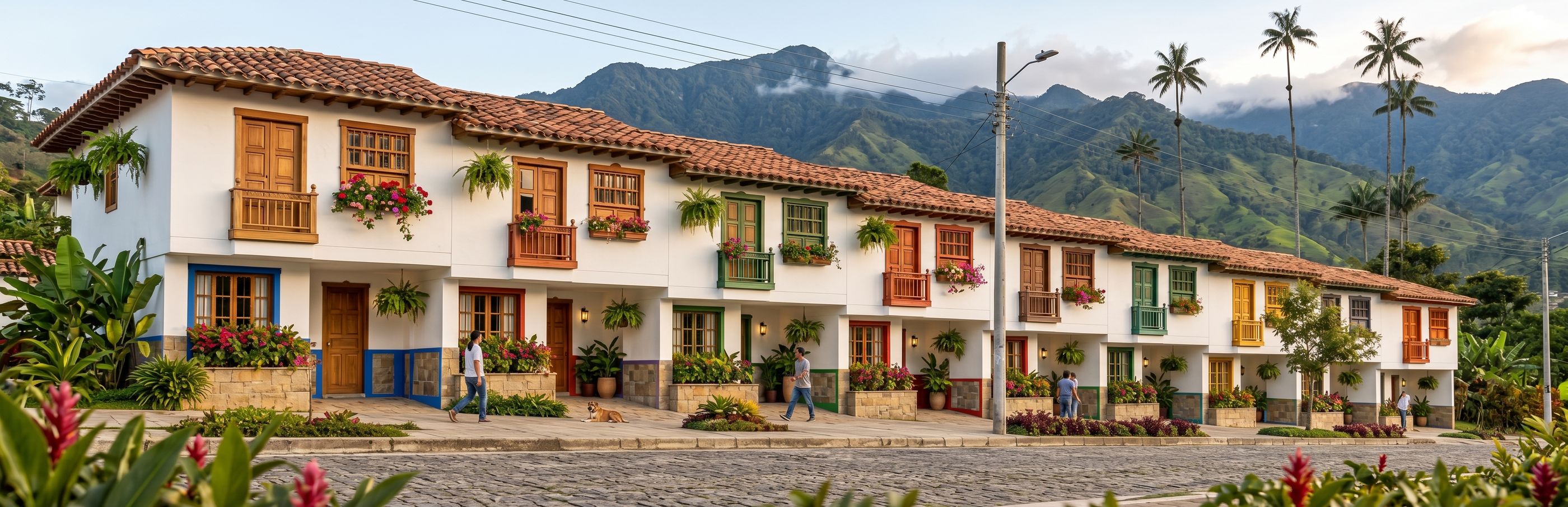 Hilera de casas blancas con tejas de barro, balcones de colores y palmas de cera frente a las montañas