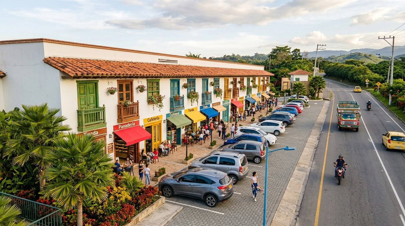 Calle de locales comerciales con toldos de colores frente al conjunto