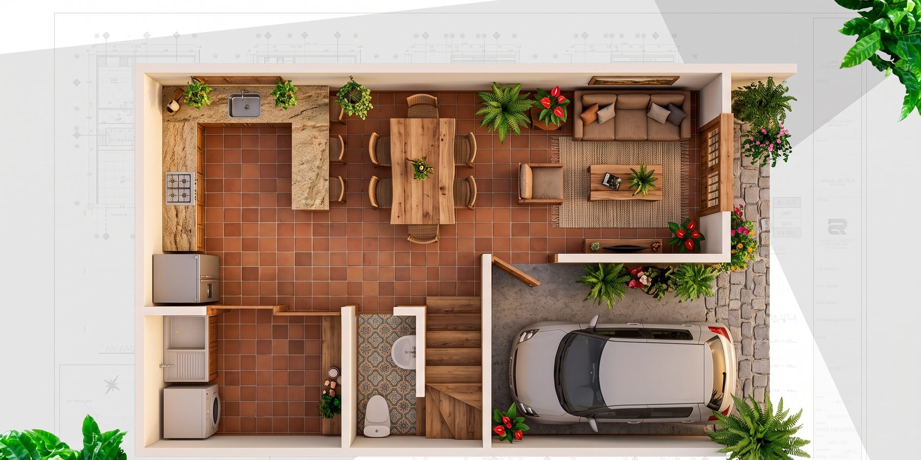Plano del nivel 1: sala-comedor, cocina, patio, baño social y parqueadero