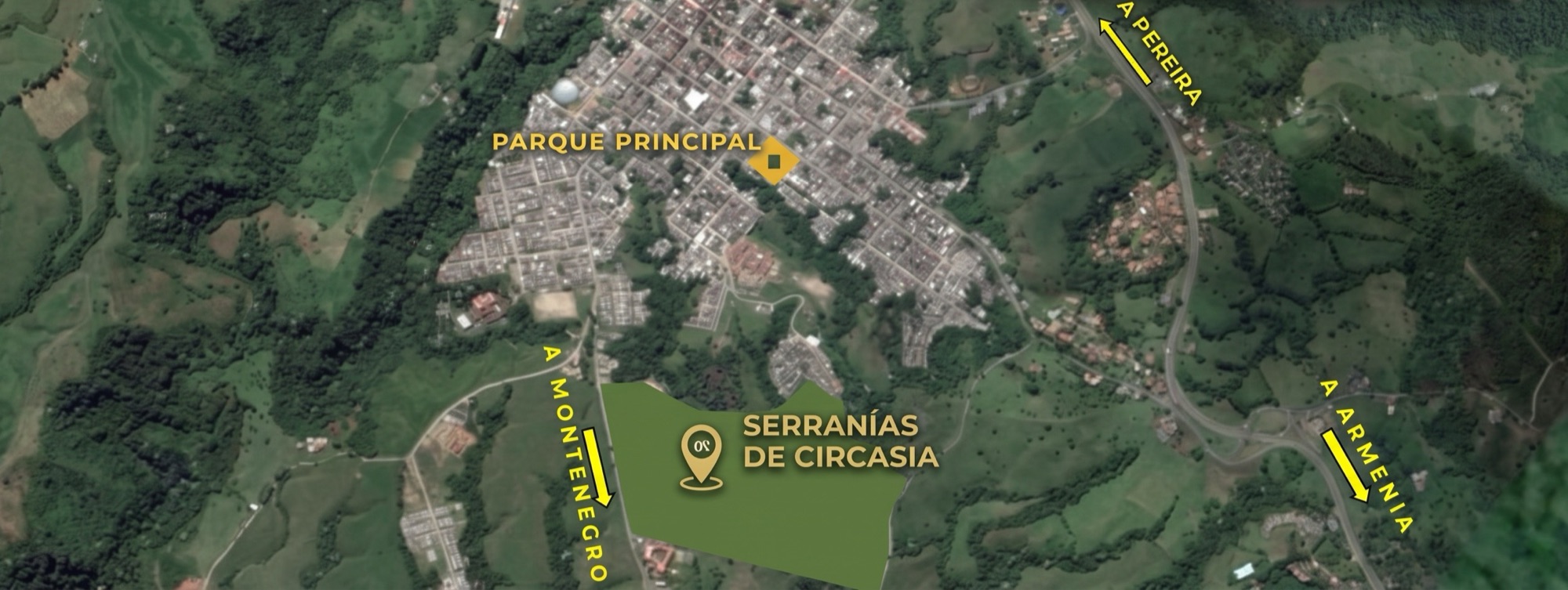 Mapa del municipio de Circasia con la ubicación de Serranías de Circasia al sur del casco urbano